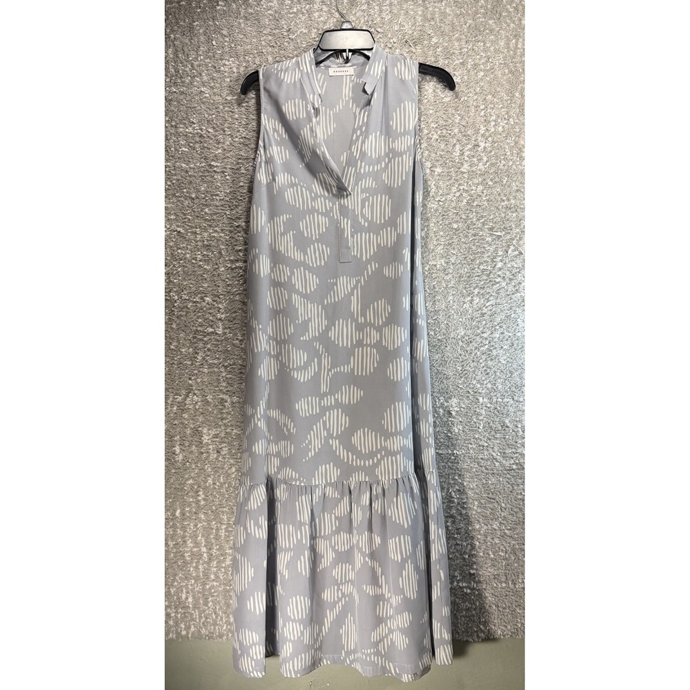 Rosso35 Gray White Abstract Stripe Sleeveless Ruffle Hem Midi Dress Size 6 Silk